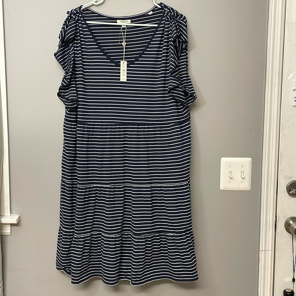 Max studio navy stripe ruffled plus size 2x Dress cotton blend
